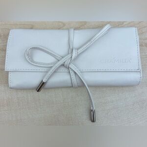 Chamilia Jewelry Travel Pouch White Leatherette Tie up Bag 4"x8"